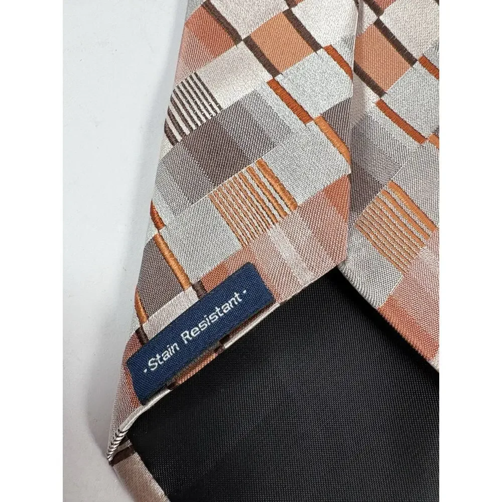 John Ashford Silk Blend Geometric Plaid Neck Tie Tan Gray Brown Stain Resistant